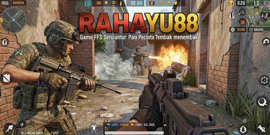 Screenshot RAHAYU88 menampilkan aksi tembak-menembak intens di medan perang.