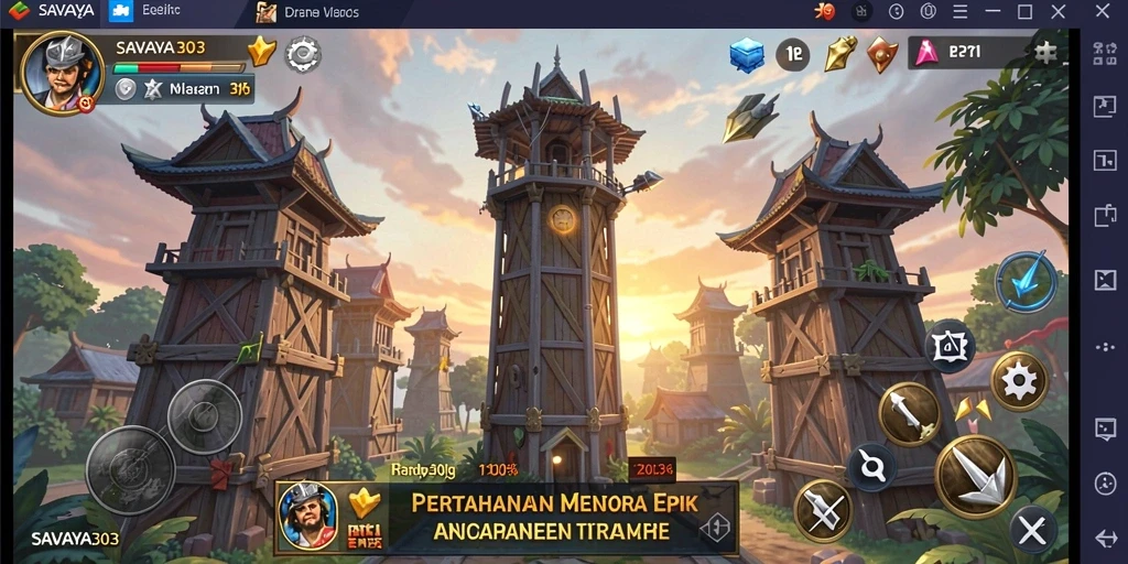 Tangkapan layar gameplay SAVAYA303 yang menampilkan strategi Tower Defense yang seru.
